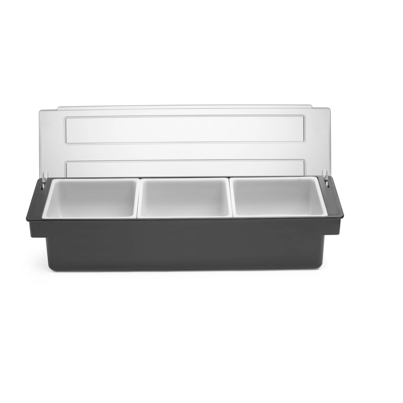 Бокс для інгредієнтів – 3 контейнери, Bar up, Чорний, 480x150x(H)100mm 552018 Hendi ABS (Acrylonitril-butadieen-styrene);HIPS (High Impact Polystyrene);PP (Polypropylene);PS (Polystyrene)