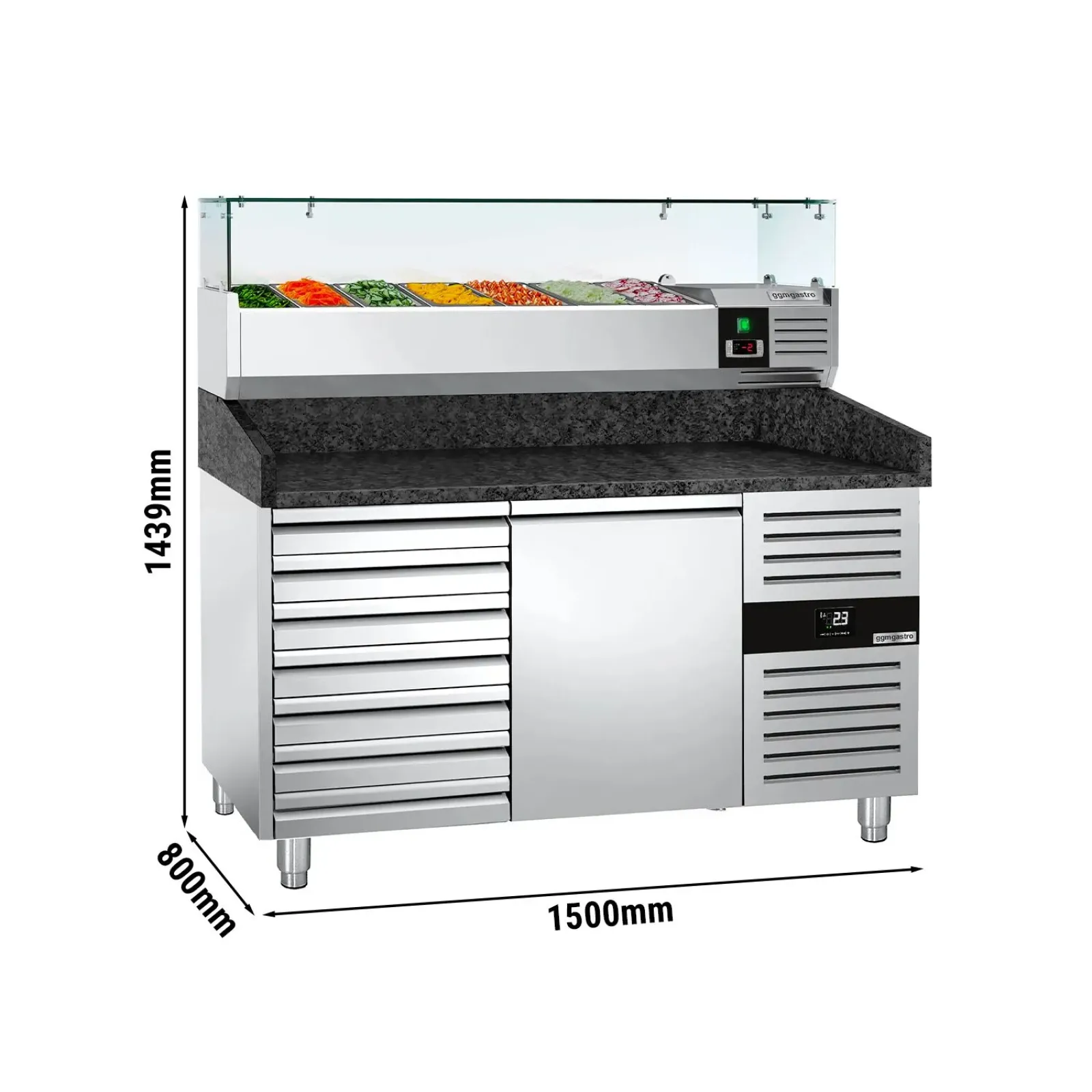 Холодильный стол для пиццы со стекл.витриной PREMIUM - 1,5 x 0,8 m GGM Gastro POS158SSG#AGG153ND