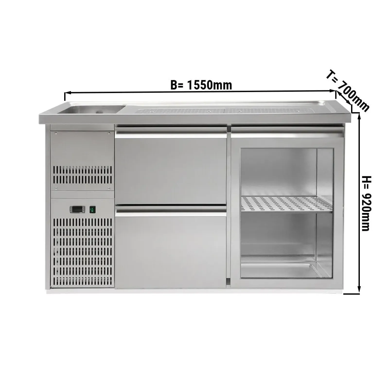 Пивной прилавок 1,5 x 0,7 м (1 стекл.дверца / 2 выдвиж.секции/ 1 раковина) GGM Gastro BLA157#GTA#SBA1212