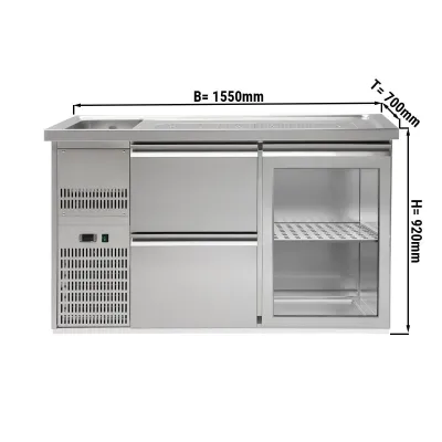 Пивной прилавок 1,5 x 0,7 м (1 стекл.дверца / 2 выдвиж.секции/ 1 раковина) GGM Gastro BLA157#GTA#SBA1212