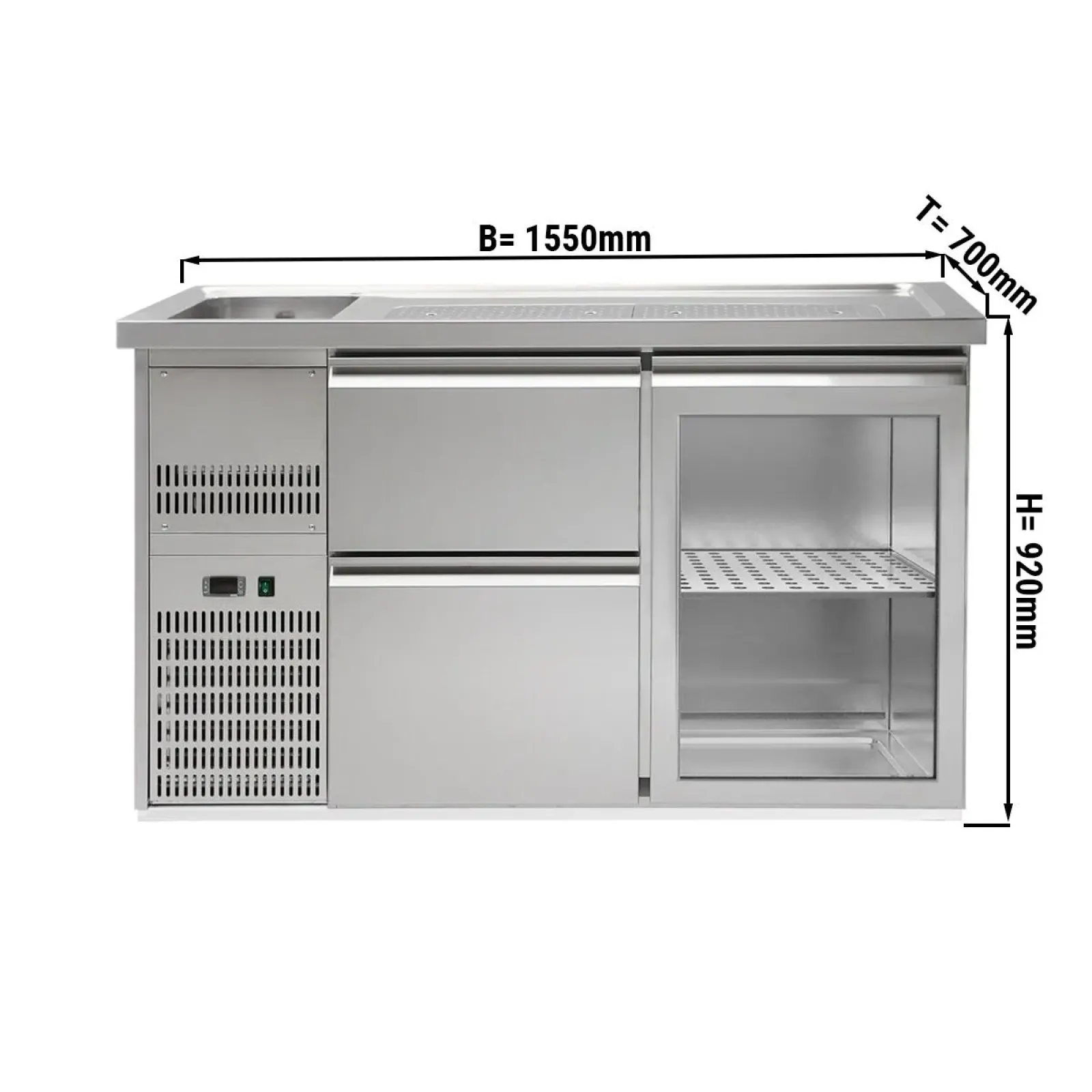 Пивной прилавок 1,5 x 0,7 м (1 стекл.дверца / 2 выдвиж.секции / 1 раковина) GGM Gastro BLA157#GTA#SBA2535