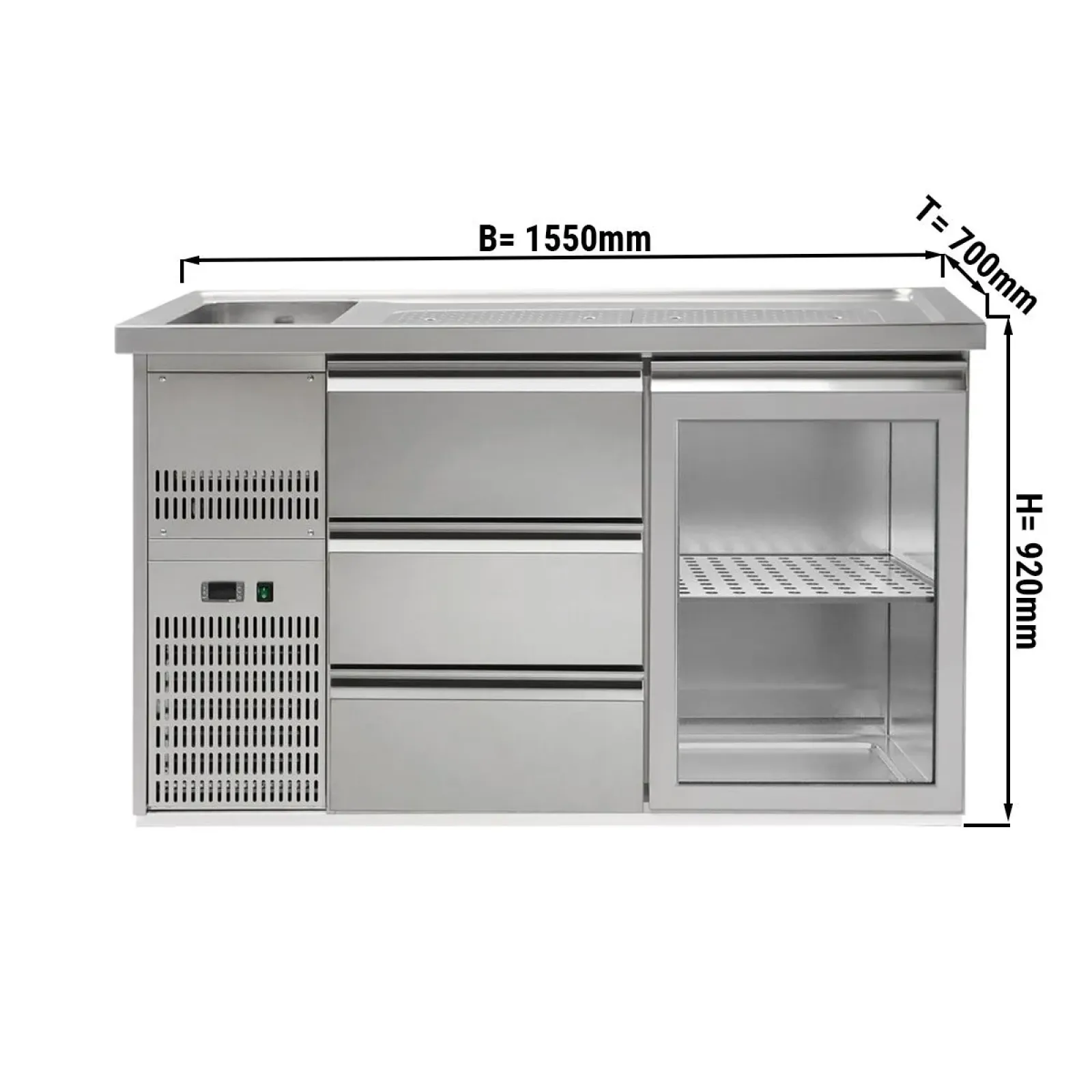 Пивной прилавок 1,5 x 0,7 м (1 стекл.дверца / 3 выдвиж.секции / 1 раковина) GGM Gastro BLA157#GTA#SBA1313