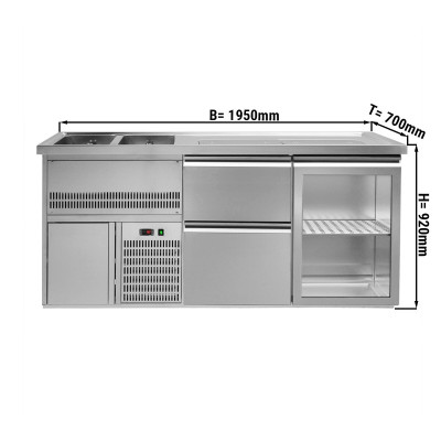 Пивной прилавок 1,95 x 0,7 м (1 стекл.дверца / 2 выдвиж.секции / 2 раковины) GGM Gastro BLA207#GTA#SBA2535