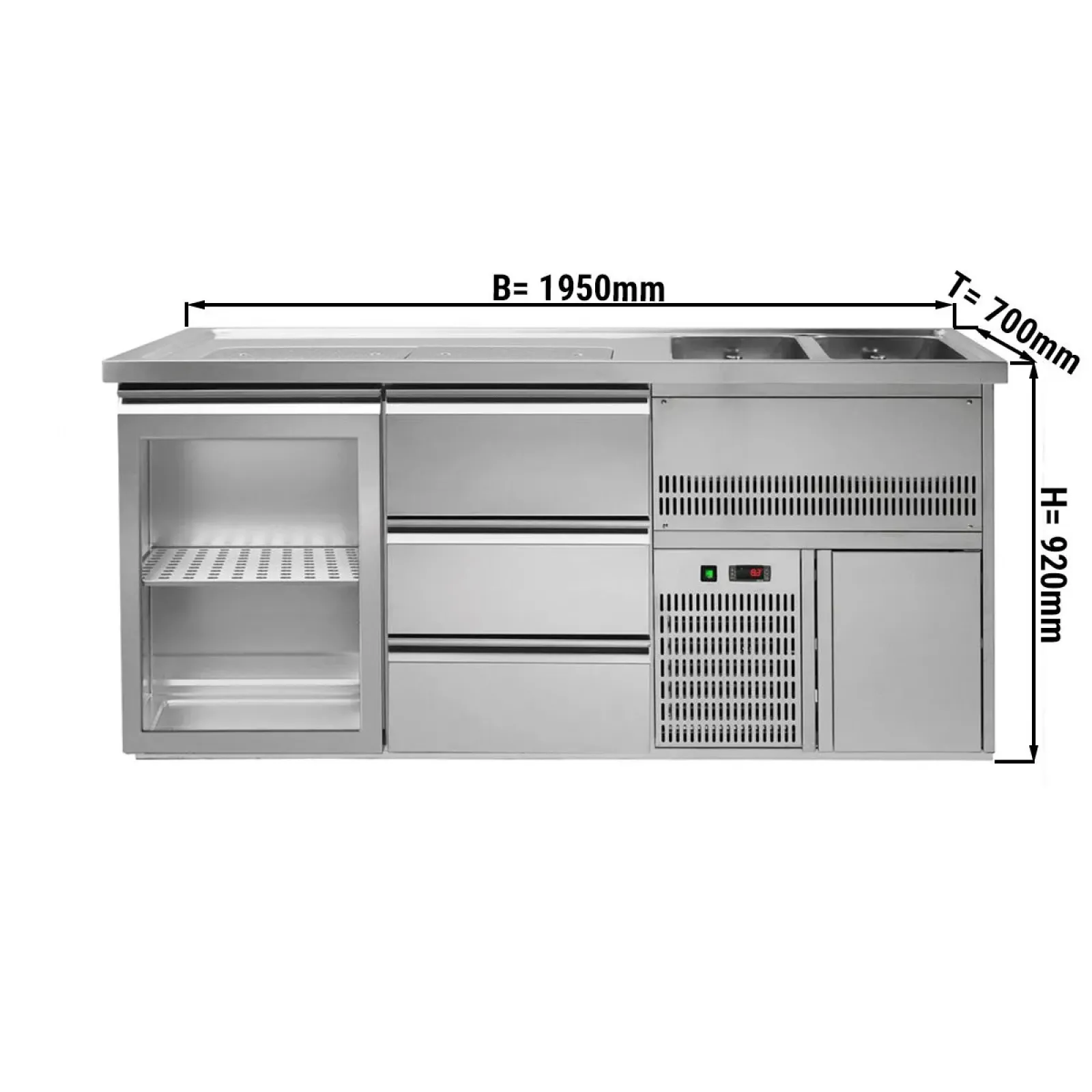 Пивной прилавок 1,95 x 0,7 м (1 стекл.дверца / 3 выдвиж.секции / 2 раковины) GGM Gastro BRA207#GTA#SBA1313