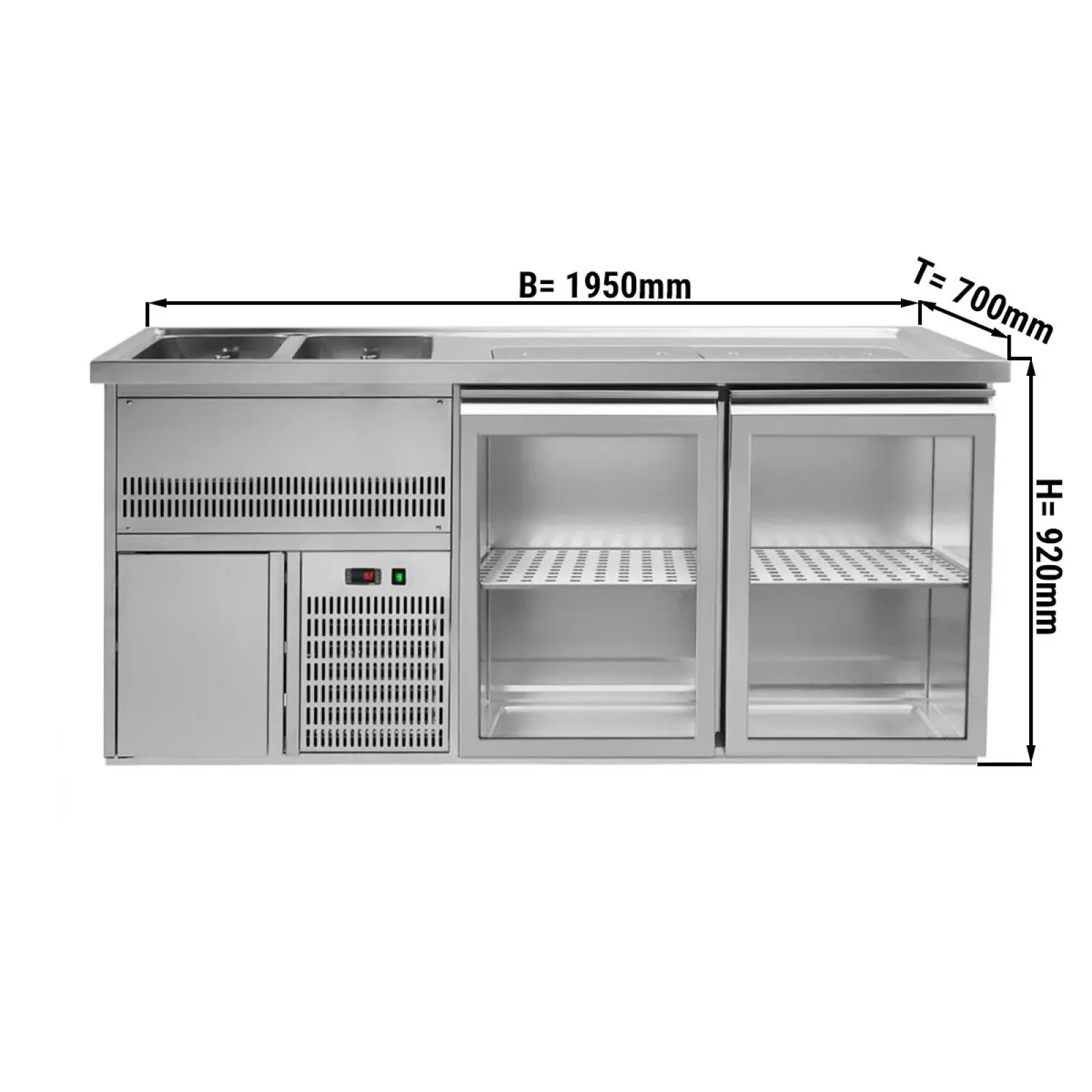 Пивной прилавок 1,95 x 0,7 м (2 стекл.дверцы / 2 раковины) GGM Gastro BLA207#2#GTA