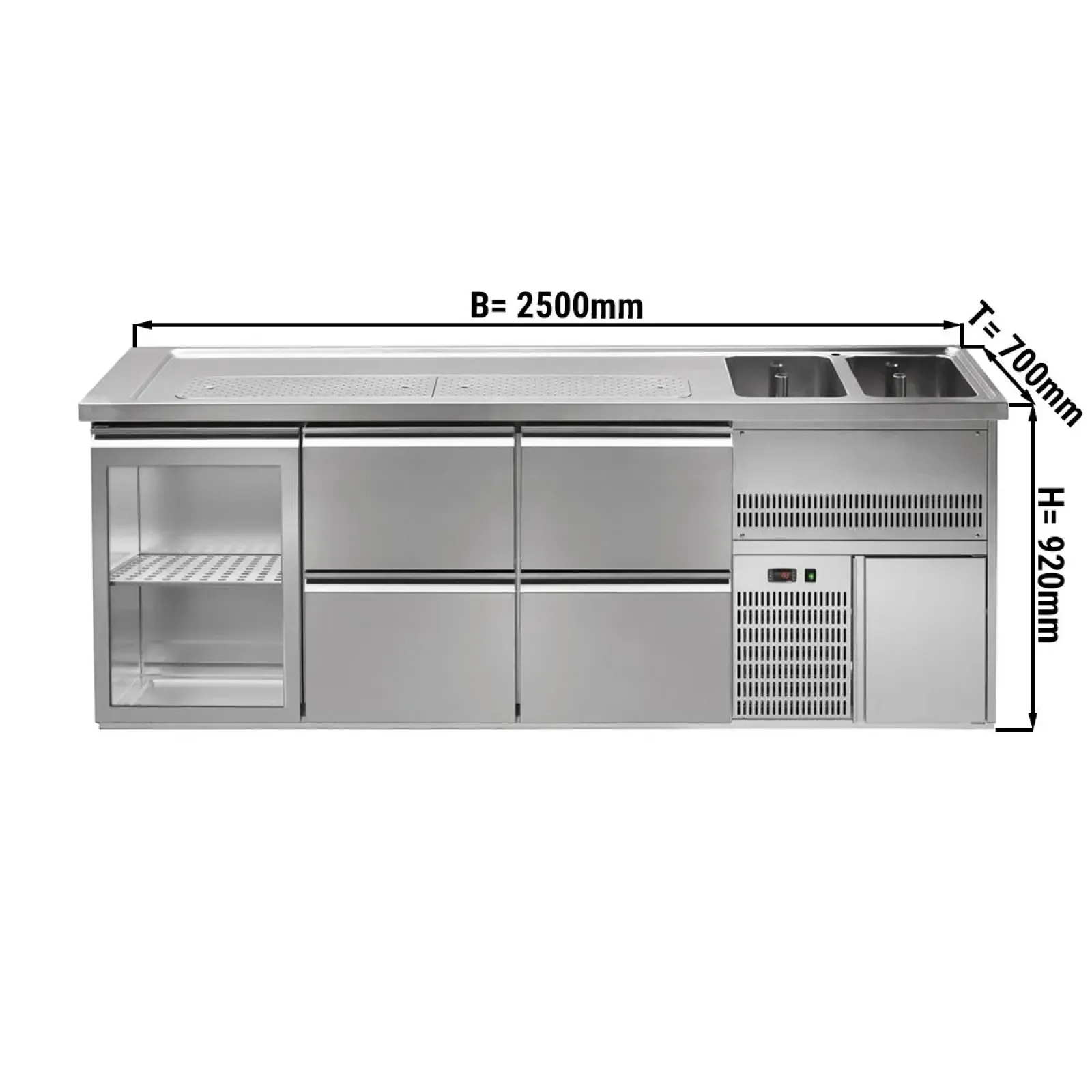 Пивной прилавок 2,5 x 0,7 м (1 ст.дверца / 4 выдвижения секции / 2 раковины) GGM Gastro BRA257#GTA#2#SBA1212