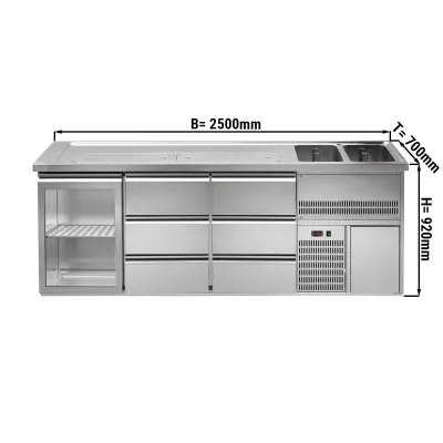 Пивной прилавок 2,5 x 0,7 м  (1 стекл. дверца / 6 выдвиж.секции / 2 раковины) GGM Gastro BRA257#GTA#2#SBA1313
