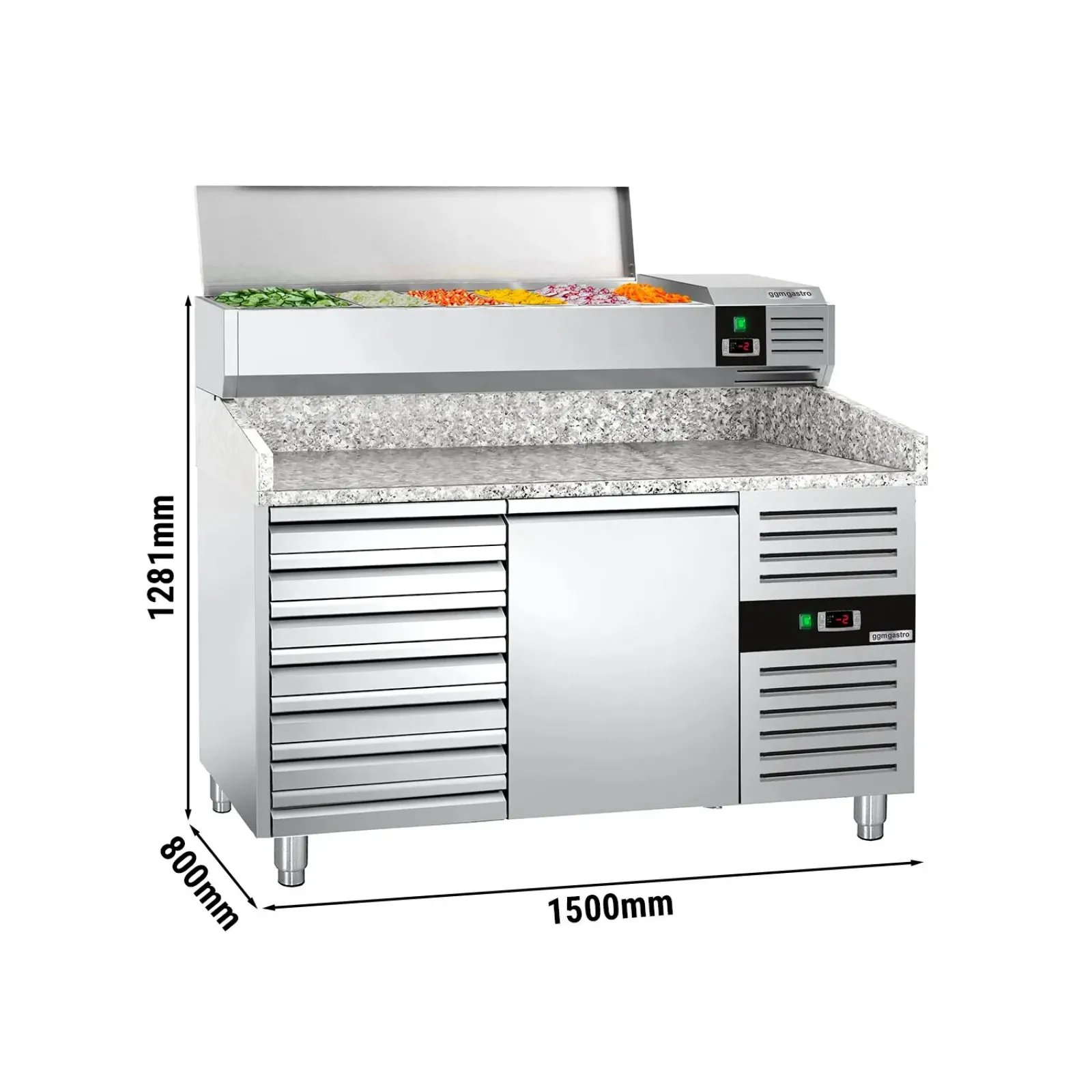 Холодильный стол для пиццы с настольной витриной PREMIUM  - 1.5 x 0.8 m 190 л GGM Gastro POS158SND#AGG153END