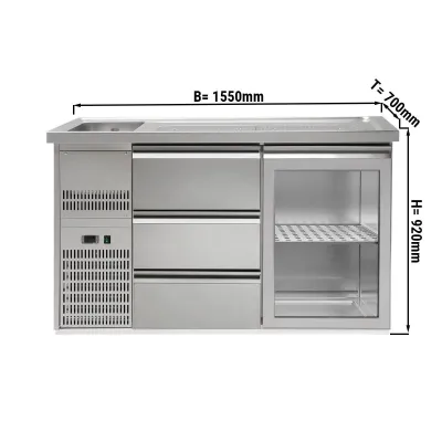 Пивний прилавок 1,5 x 0,7 м (1 скл.дверцята / 3 висув.секції / 1 раковина) GGM Gastro BLA157#GTA#SBA1313