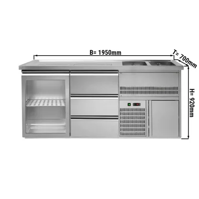 Пивний прилавок 1,95 x 0,7 м (1 скл.дверцята / 3 висув.секції / 2 раковини) GGM Gastro BRA207#GTA#SBA1313