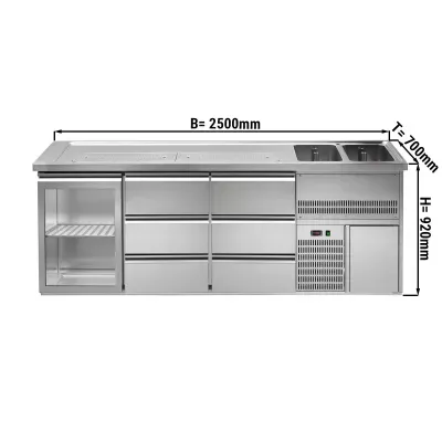 Пивной прилавок 2,5 x 0,7 м  (1 стекл. дверца / 6 выдвиж.секции / 2 раковины) GGM Gastro BRA257#GTA#2#SBA1313
